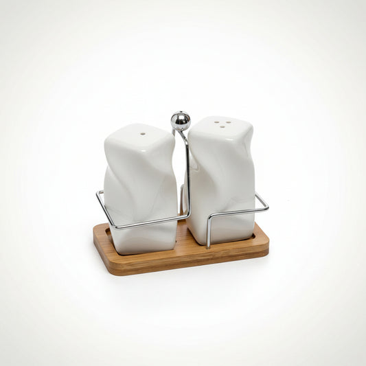 Ceramic Salt & Pepper Set | White Shakers on Wooden Base