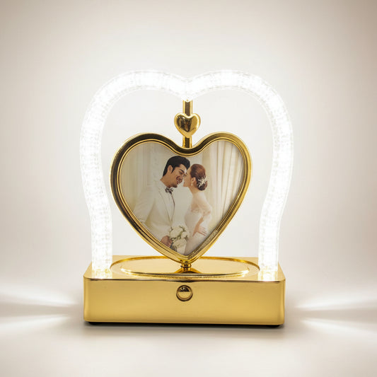 Rotating Heart Photo Frame LED Table Lamp | USB-C White & Gold Accent Light