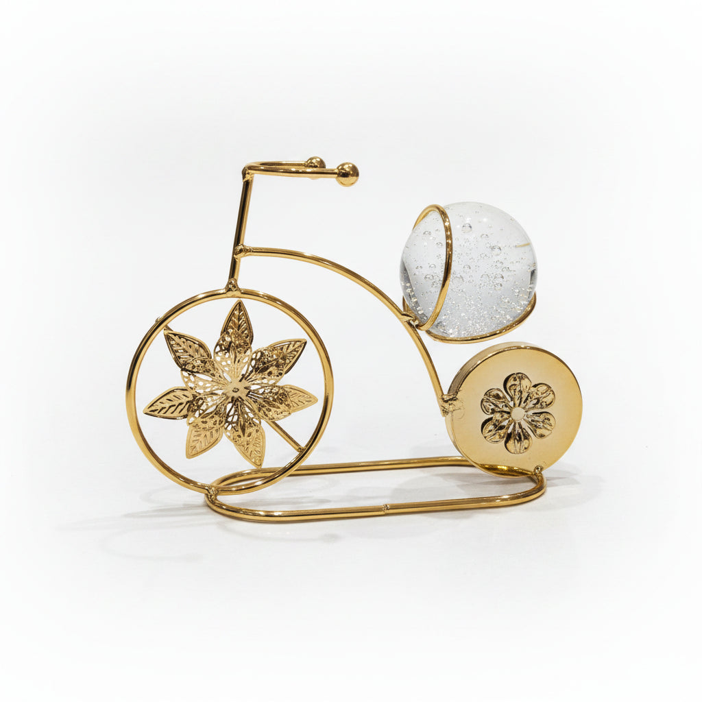 Gold Bicycle Showpiece with Crystal Ball | Filigree Table Decor