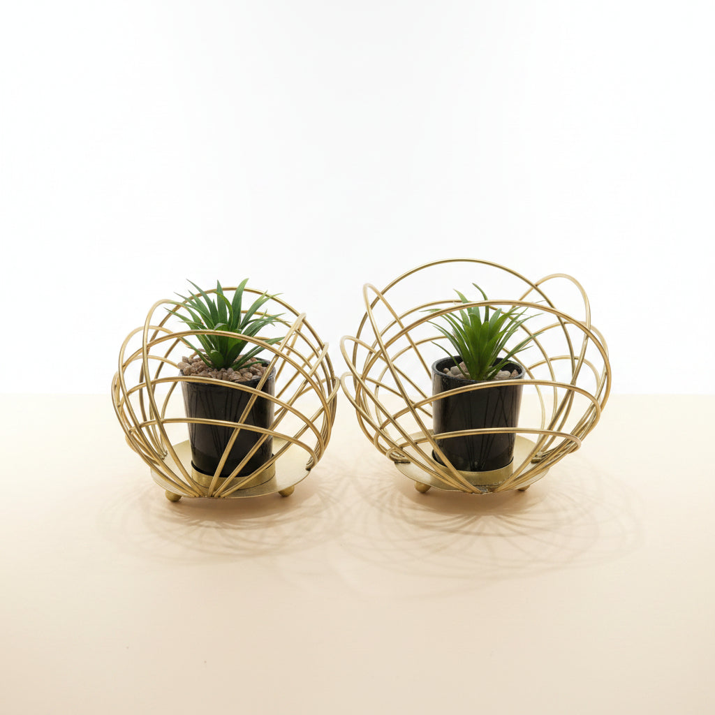2-Piece Gold Orb Geometric Planter Set | Modern Faux Succulent Table Decor