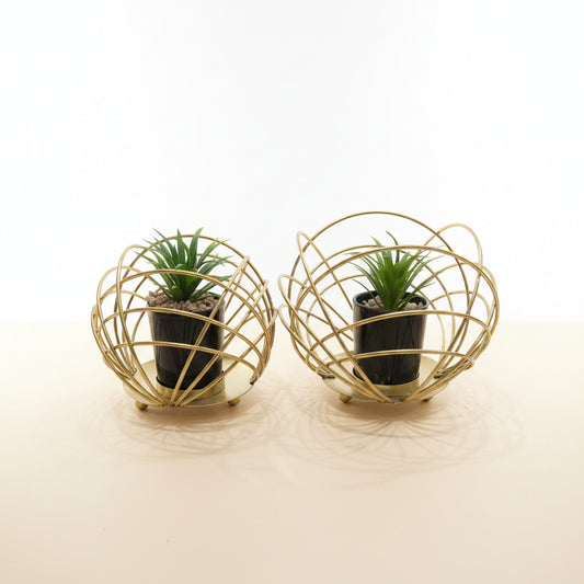 2-Piece Gold Orb Geometric Planter Set | Modern Faux Succulent Table Decor