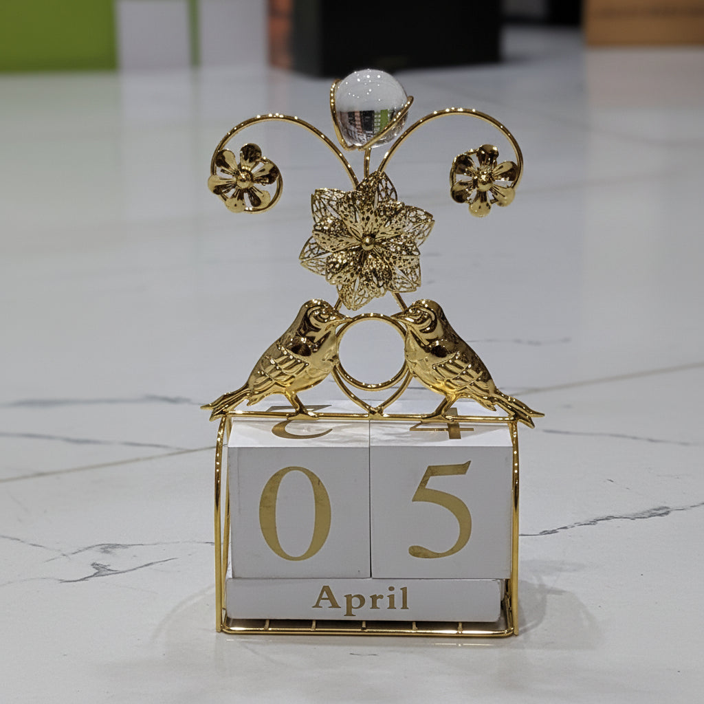 Gold Bird Perpetual Calendar | Office Desk Decor, Reusable Date Blocks