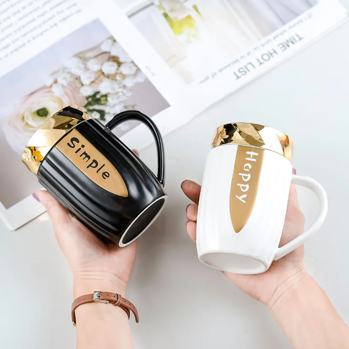 Ceramic Mug with Gold Bow Lid | 'Happy & Simple' Gift Set, 5 Pastels