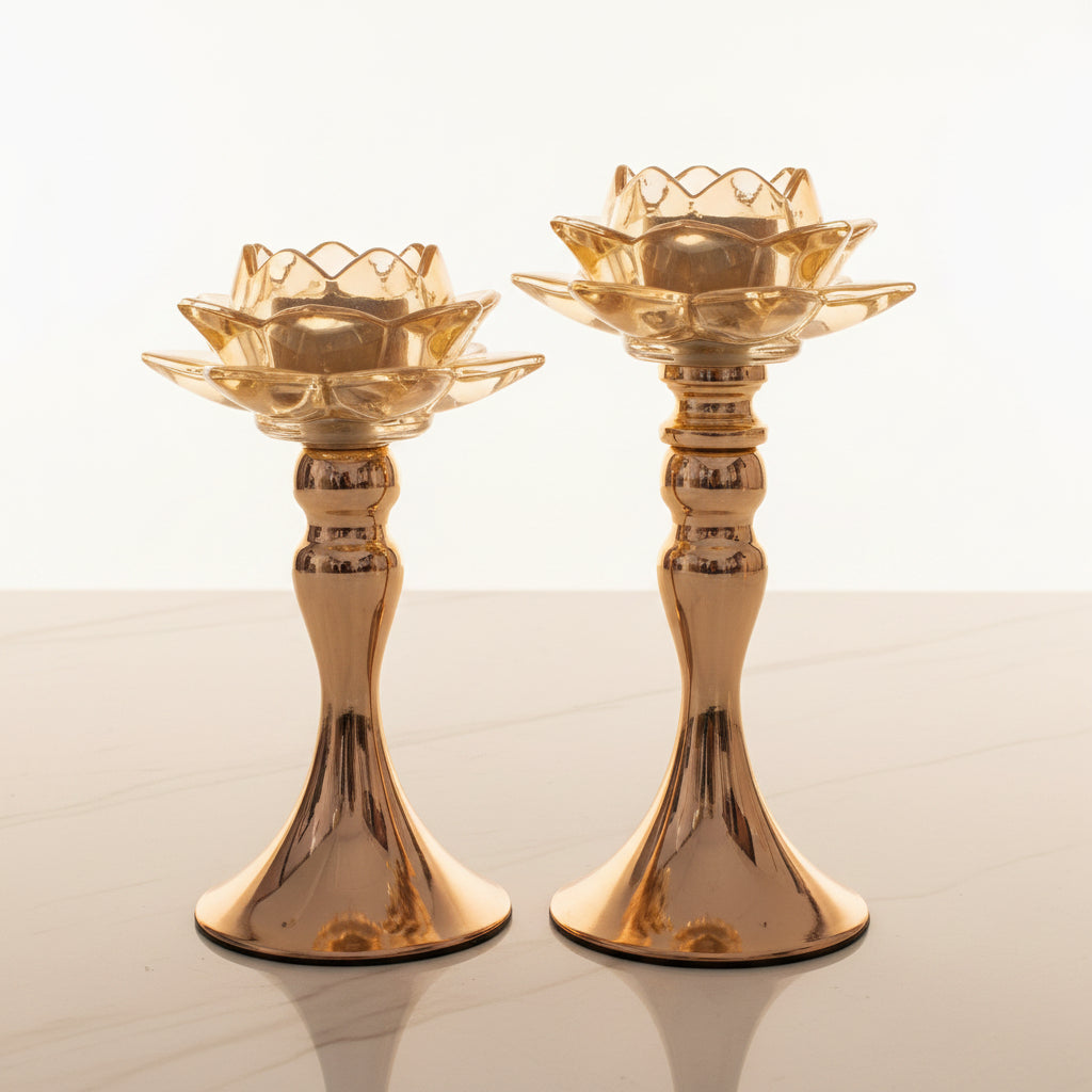 2-Piece Crystal Lotus Flower Candle Holder Set | Luxury Metal Base Candelabra