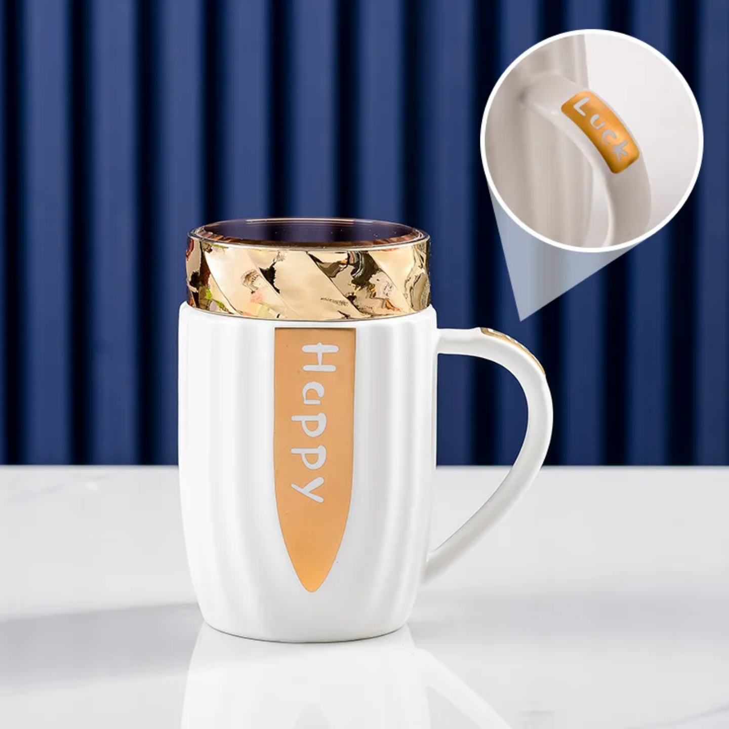 Ceramic Mug with Gold Bow Lid | 'Happy & Simple' Gift Set, 5 Pastels