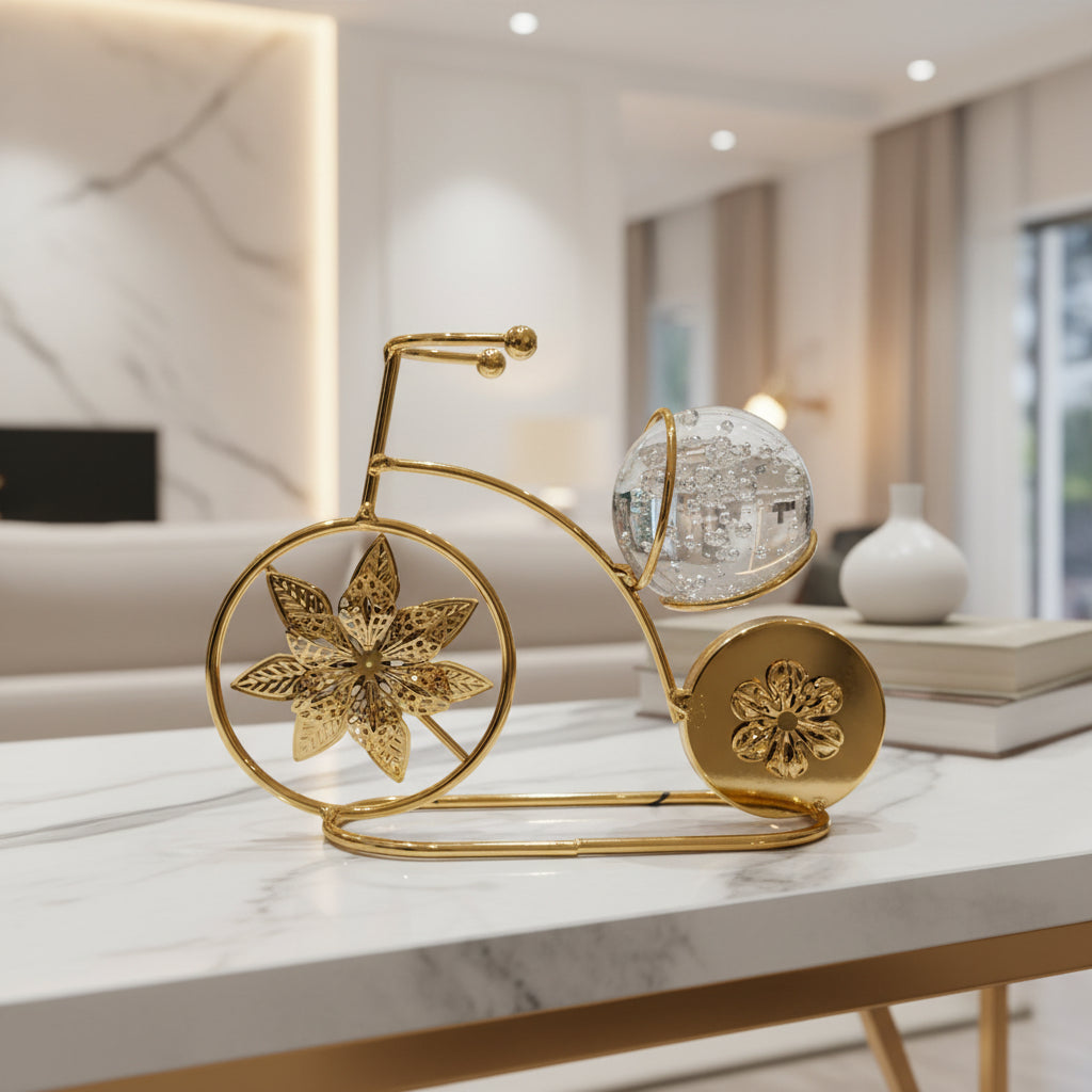 Gold Bicycle Showpiece with Crystal Ball | Filigree Table Decor