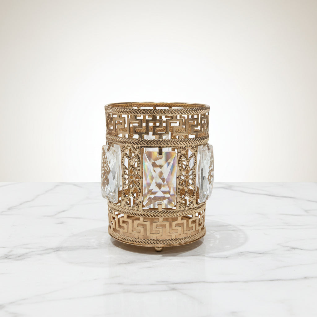Gold Greek Key Candle Holder | Crystal Votive for Shaadi Centerpiece
