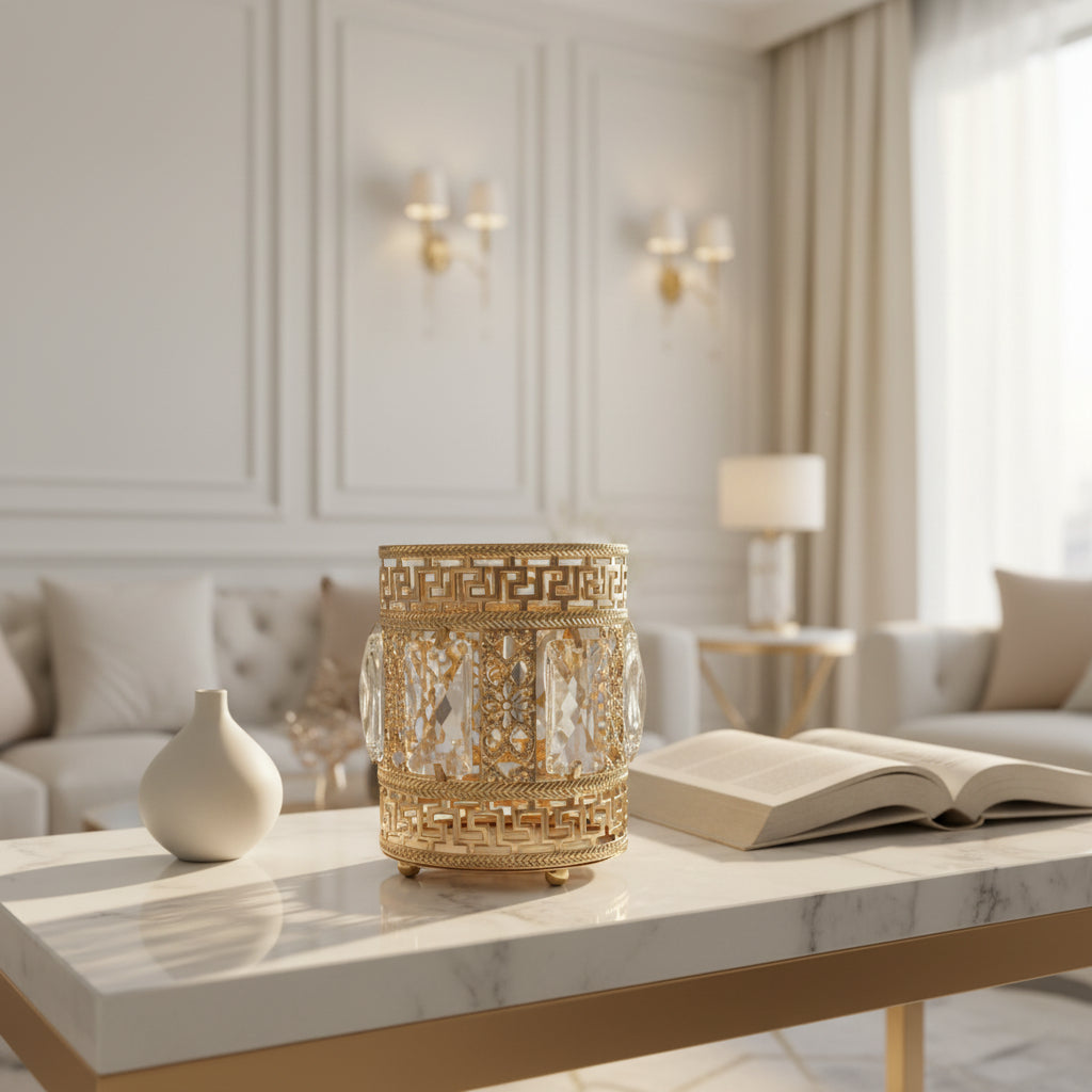 Gold Greek Key Candle Holder | Crystal Votive for Shaadi Centerpiece