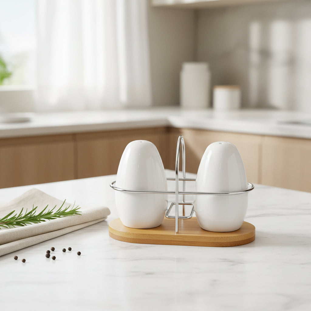 3-Piece Salt & Pepper Set with Bamboo Base | Farmhouse Dining Decor