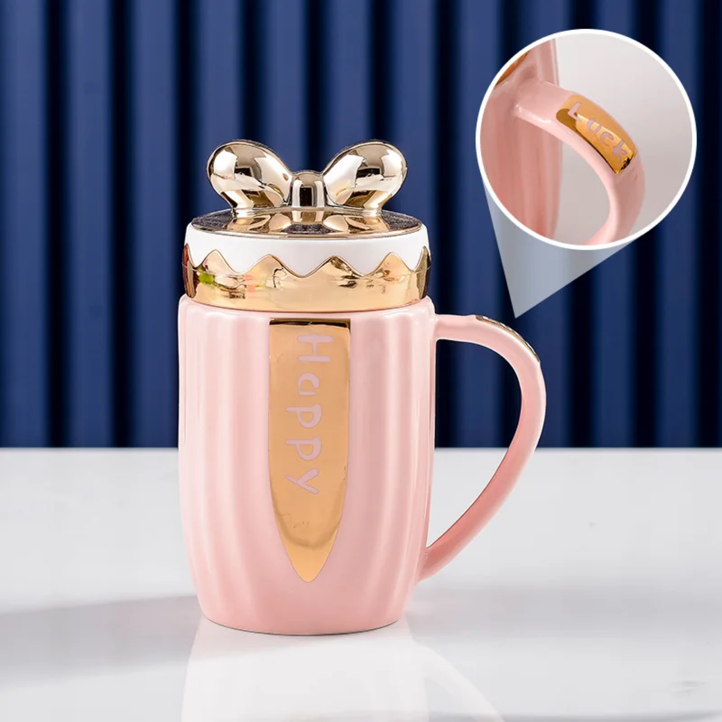 Ceramic Mug with Gold Bow Lid | 'Happy & Simple' Gift Set, 5 Pastels