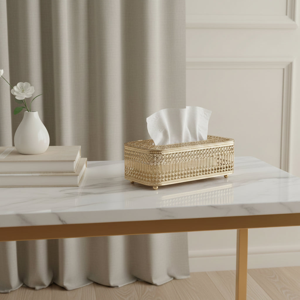 Gold Filigree Tissue Box Cover | Luxury Vanity & Drawing Room Decor