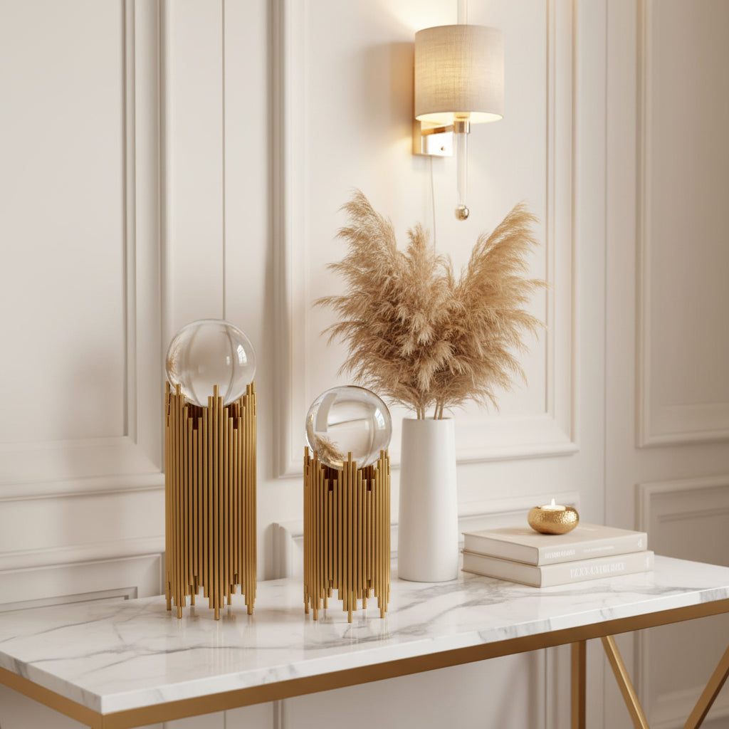 Crystal Ball Decor on Gold Pedestal | Art Deco Luxury Showpiece